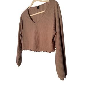 Shein Brown Pullover Oversized cropped ribbed knit v neck top Sz M